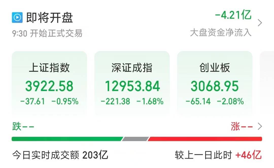 A股三大指数集体低开!创业板跌超2%